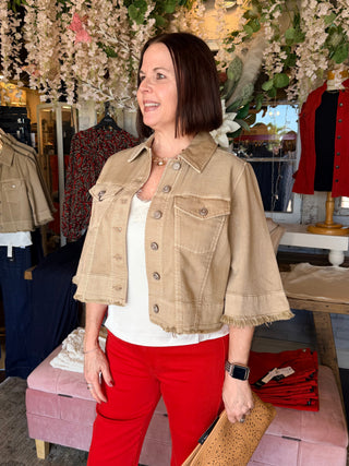 Liverpool 3/4 Sleeve Frayed Flounce Jacket Light Khaki