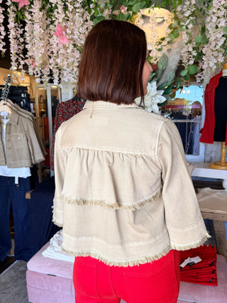 Liverpool 3/4 Sleeve Frayed Flounce Jacket Light Khaki