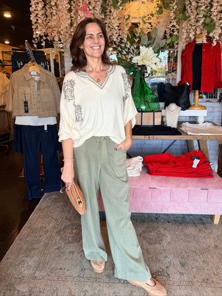 Tribal Audrey Flowy Wide Leg Pull-On Pants With Drawstring Olivestone