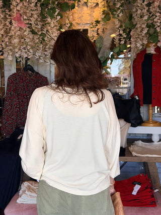 Tribal Embroidered 3/4 Raglan Sleeve Notch Neck Knit Top Moonstone