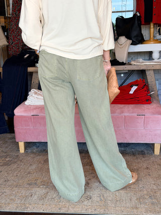 Tribal Audrey Flowy Wide Leg Pull-On Pants With Drawstring Olivestone