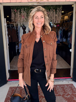 Liverpool Puff Sleeve Trucker Jacket with Ruffle Collar - Carob Brown