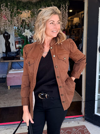 Liverpool Puff Sleeve Trucker Jacket with Ruffle Collar - Carob Brown
