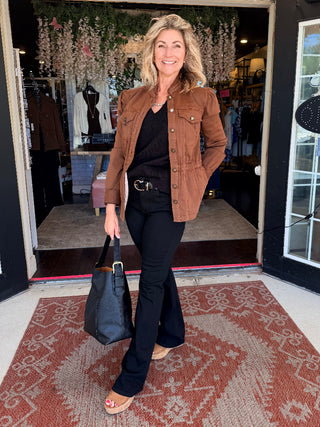 Liverpool Puff Sleeve Trucker Jacket with Ruffle Collar - Carob Brown