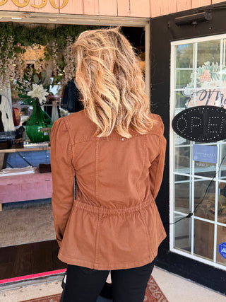 Liverpool Puff Sleeve Trucker Jacket with Ruffle Collar - Carob Brown