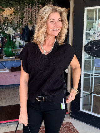 Liverpool V-Neck Dolman Popover Sweater with Ties - Black