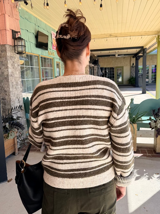 Liverpool Button Front Cardigan Sweater Oatmeal Olive Stripe