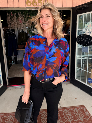 Tribal Flowy Dolman Sleeve Blouse With Self-Covering Buttons Sharp Blue