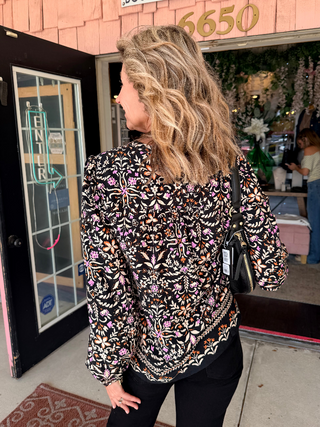 Tribal Jacquard Notch Neck Long Sleeve Empire Waist Blouse