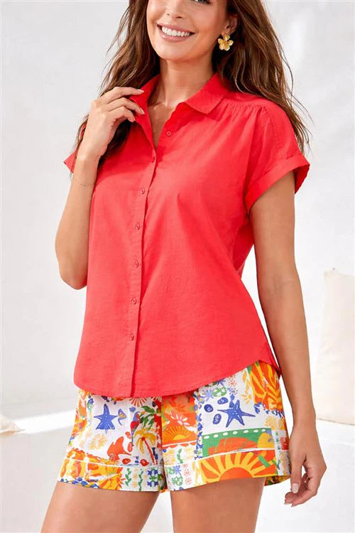 Tribal Campshirt With Shirring Detail In Soft Cambric Fabric Coral Red