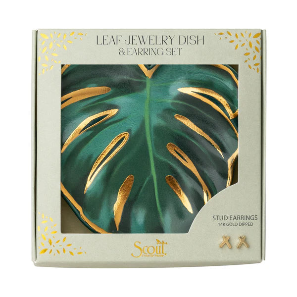 Scout Jewelry Dish &amp; Stud Earring Set - Leaf/Sage