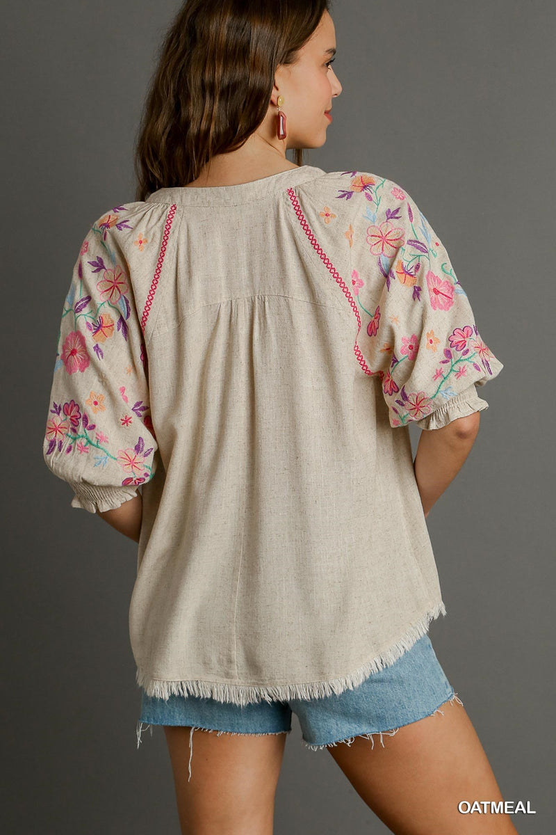 FINAL SALE Linen Split Neck Mid Button Down Top Embroidered Sleeves - Oatmeal