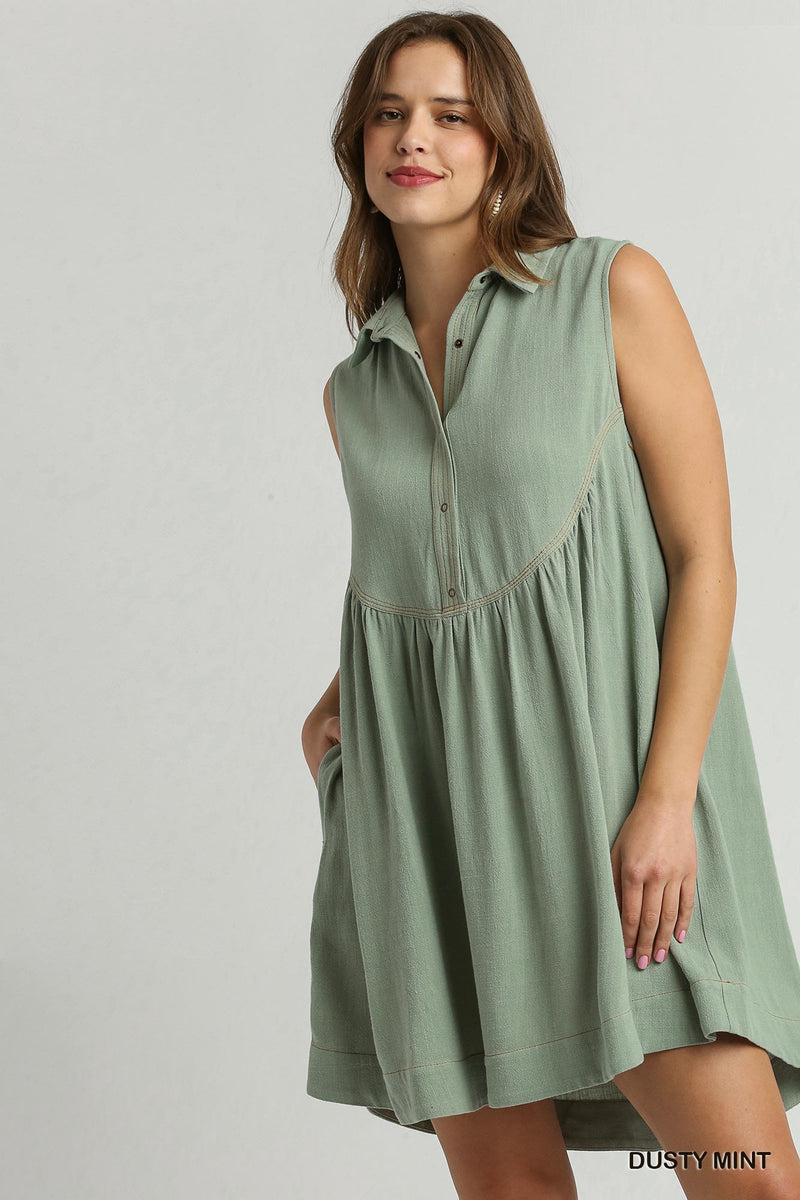 FINAL SALE Linen Mid Button Sleeveless Dress with Contrast Denim Stitch Details - Dusty Mint