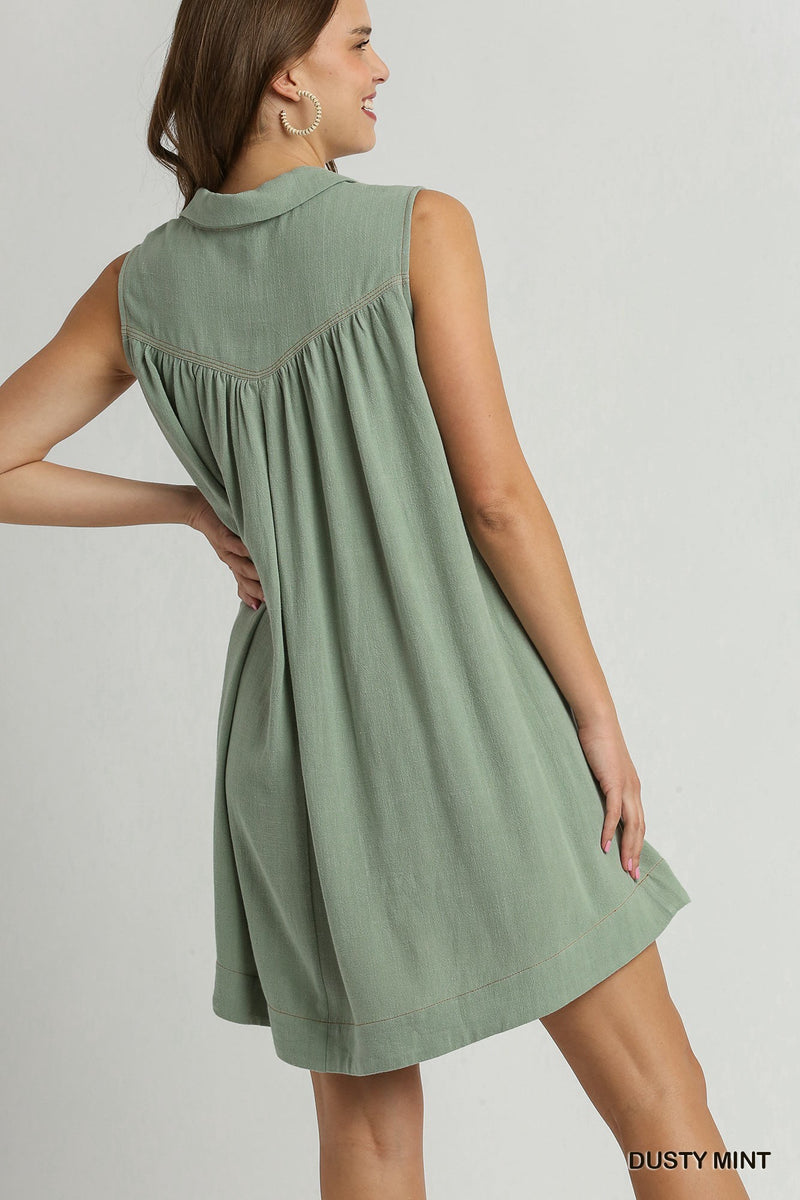 FINAL SALE Linen Mid Button Sleeveless Dress with Contrast Denim Stitch Details - Dusty Mint