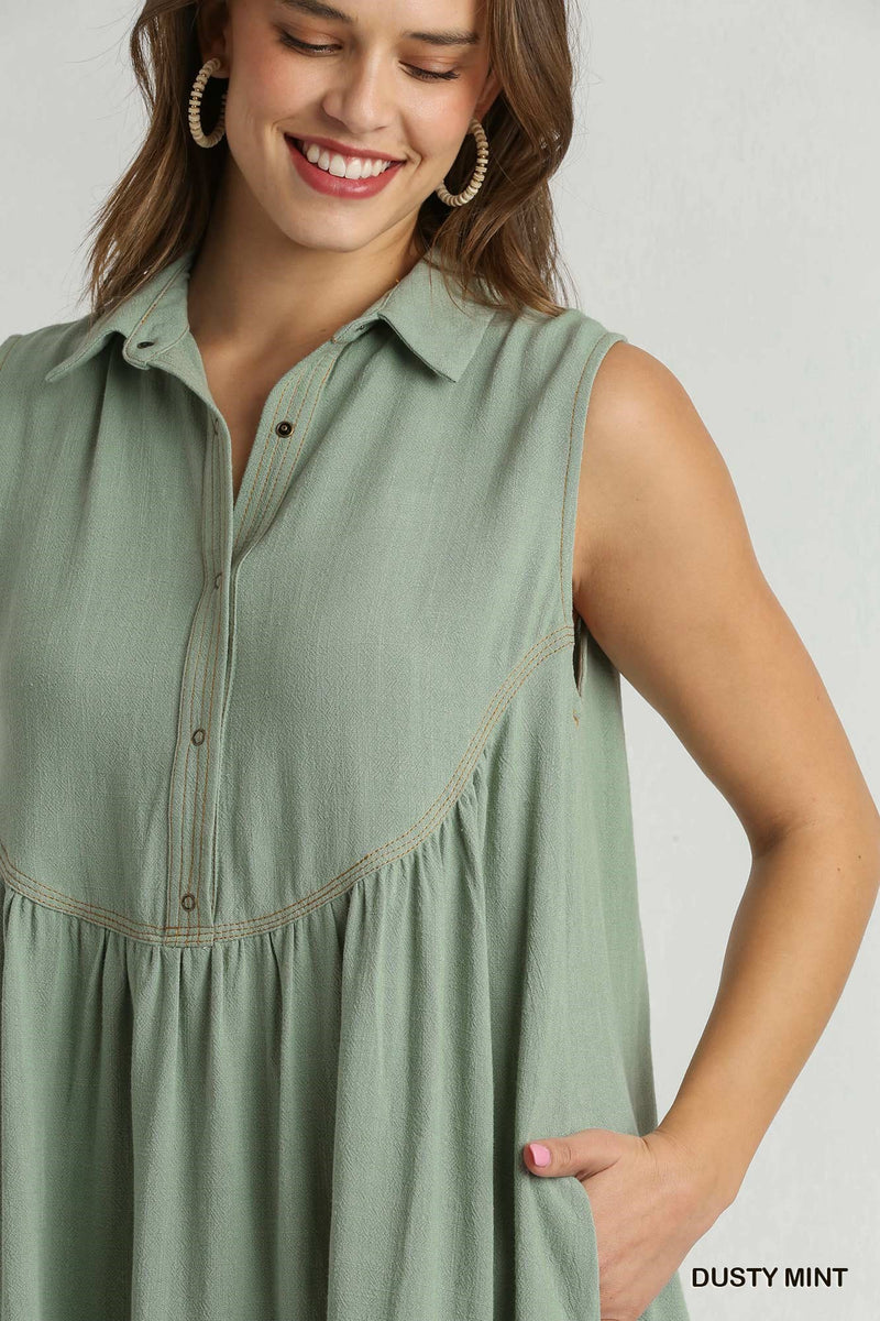 FINAL SALE Linen Mid Button Sleeveless Dress with Contrast Denim Stitch Details - Dusty Mint