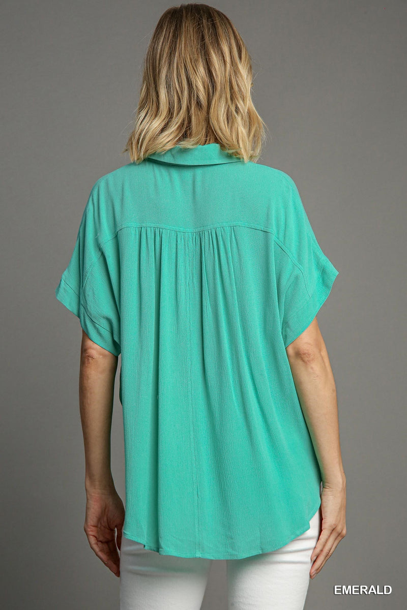 FINAL SALE Collared Button Down Embroidered Top - Emerald