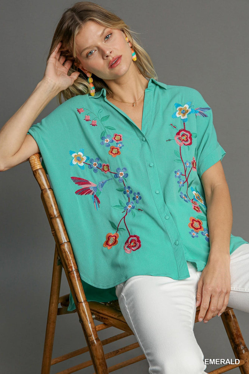 FINAL SALE Collared Button Down Embroidered Top - Emerald