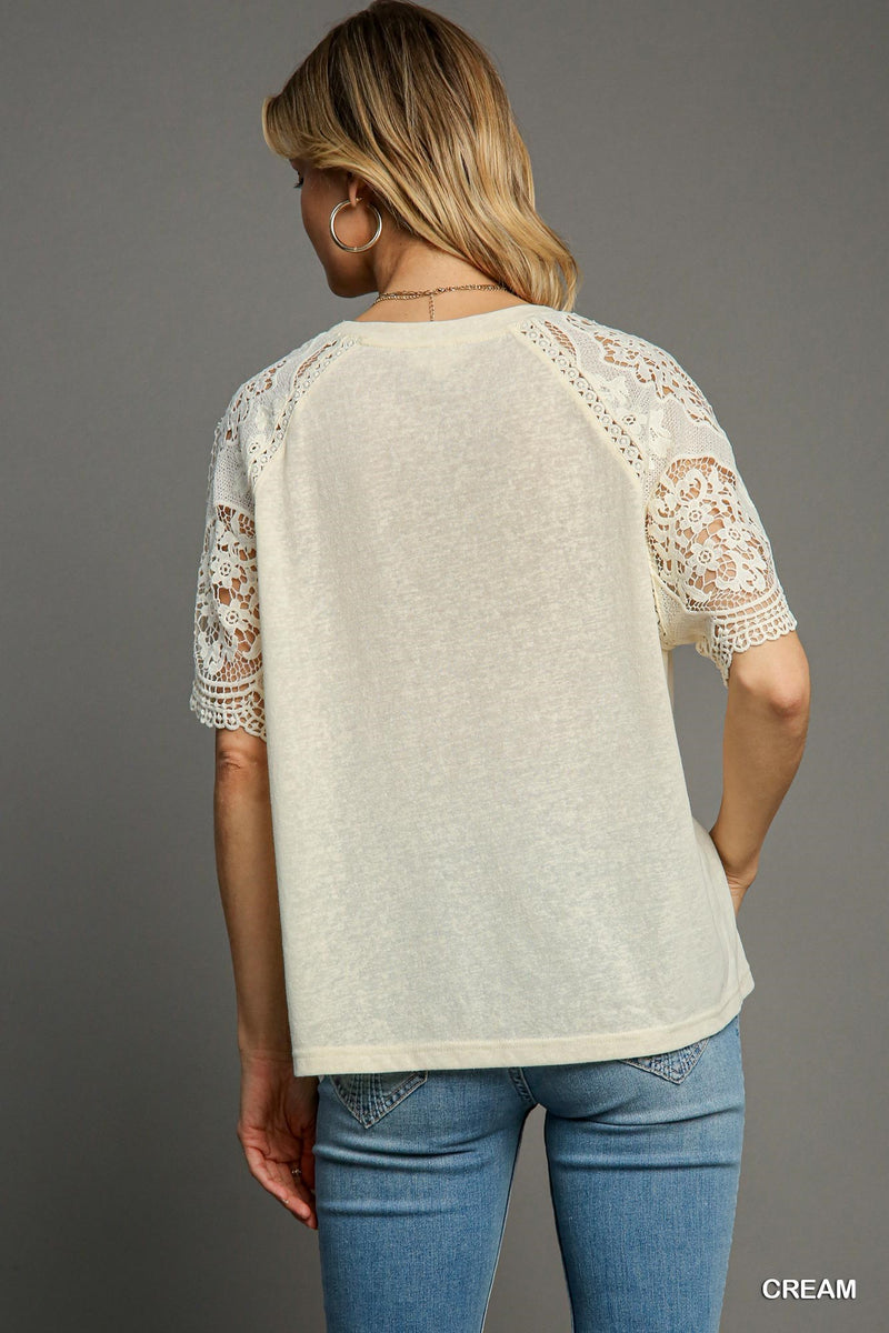 FINAL SALE Slub Knit Top with Lace Sleeves - Cream