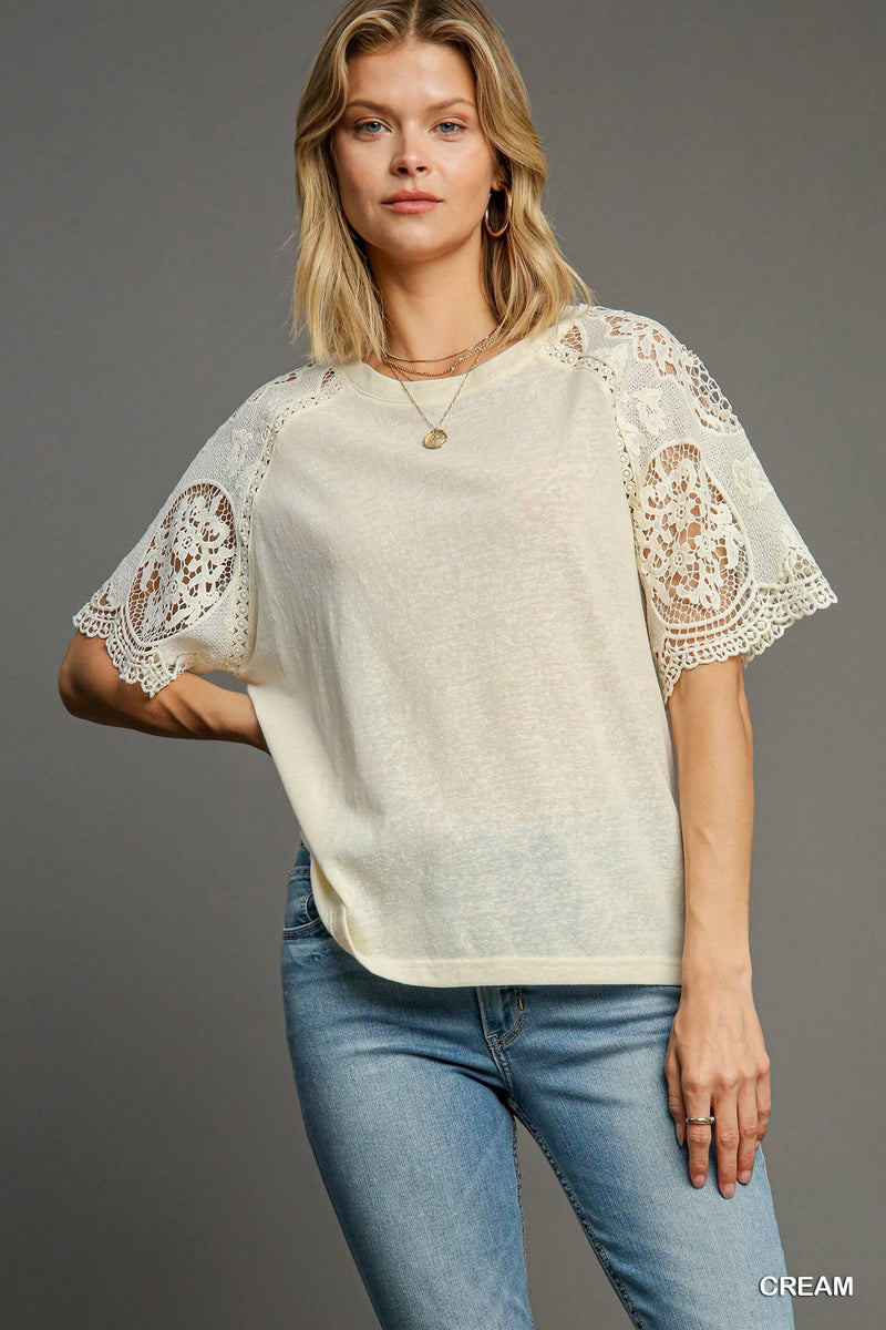 FINAL SALE Slub Knit Top with Lace Sleeves - Cream