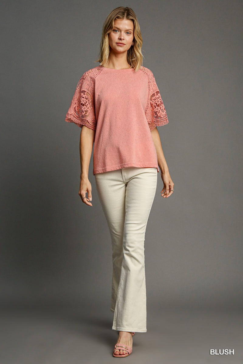 FINAL SALE Slub Knit Top with Lace Sleeves - Blush