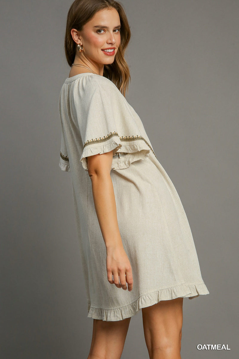 FINAL SALE Linen Peasant Mini Dress with Embroidery - Oatmeal