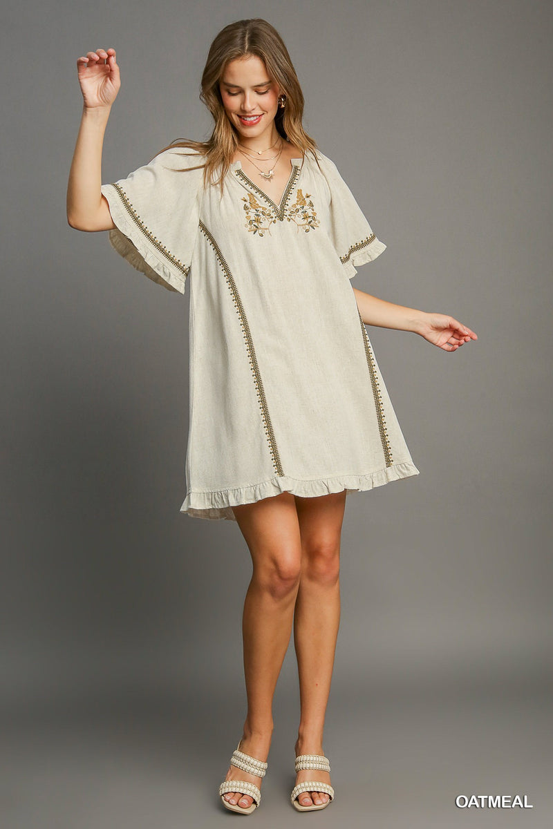 FINAL SALE Linen Peasant Mini Dress with Embroidery - Oatmeal