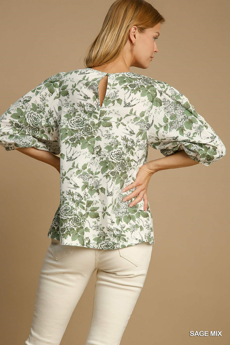 FINAL SALE Floral Print Round Neck Top - Sage