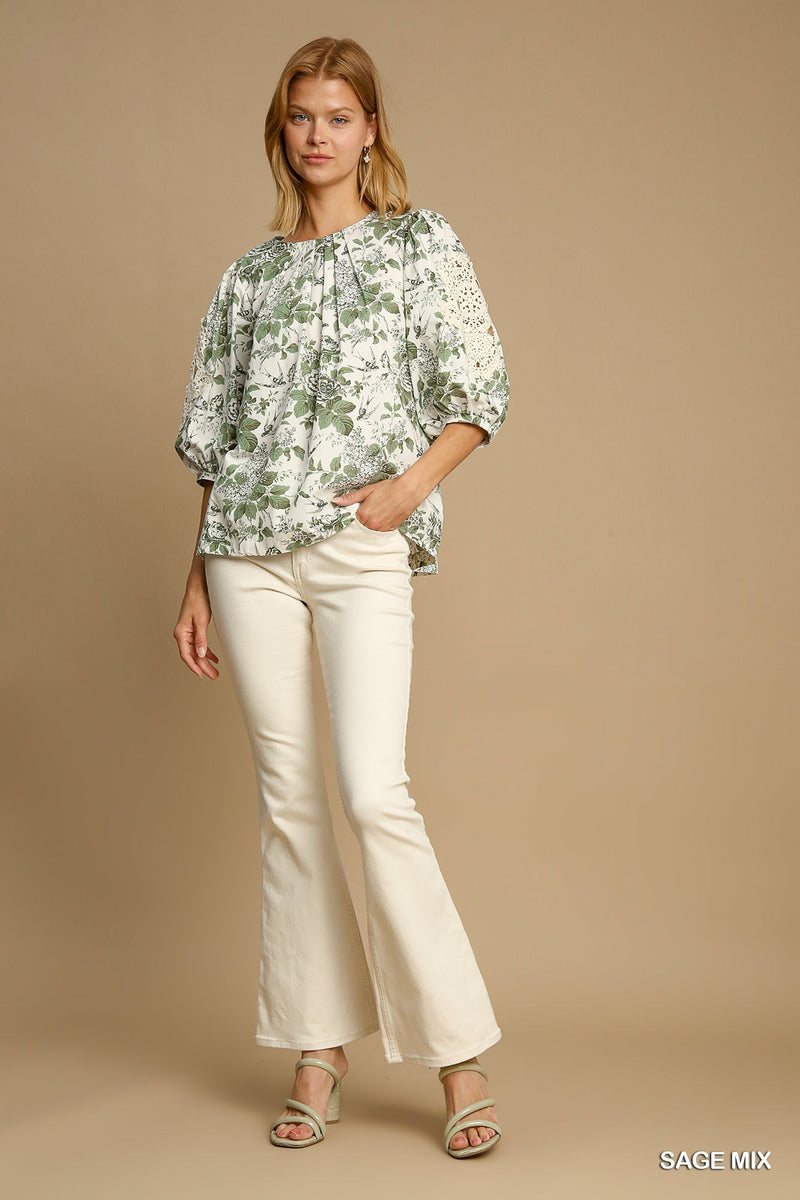 FINAL SALE Floral Print Round Neck Top - Sage