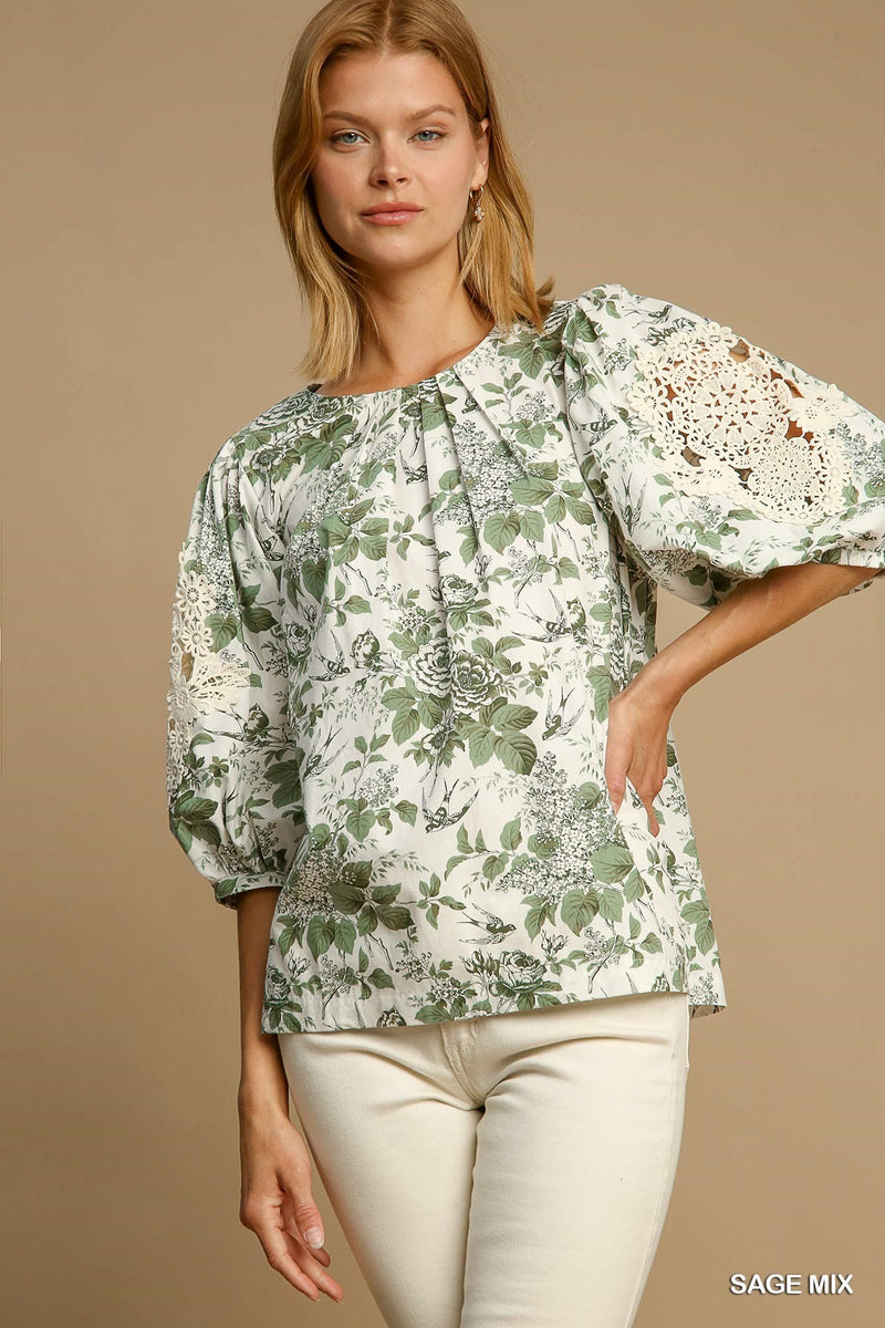 FINAL SALE Floral Print Round Neck Top - Sage