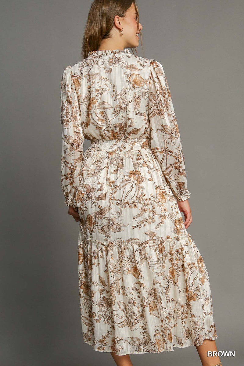 Lurex Floral Print Midi Dress - Brown