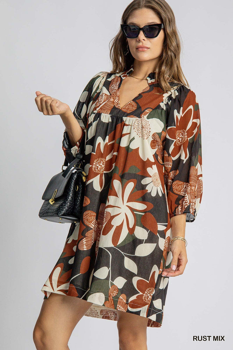 Floral Print Dress - Rust Mix