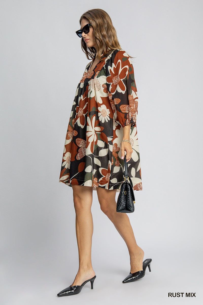 Floral Print Dress - Rust Mix