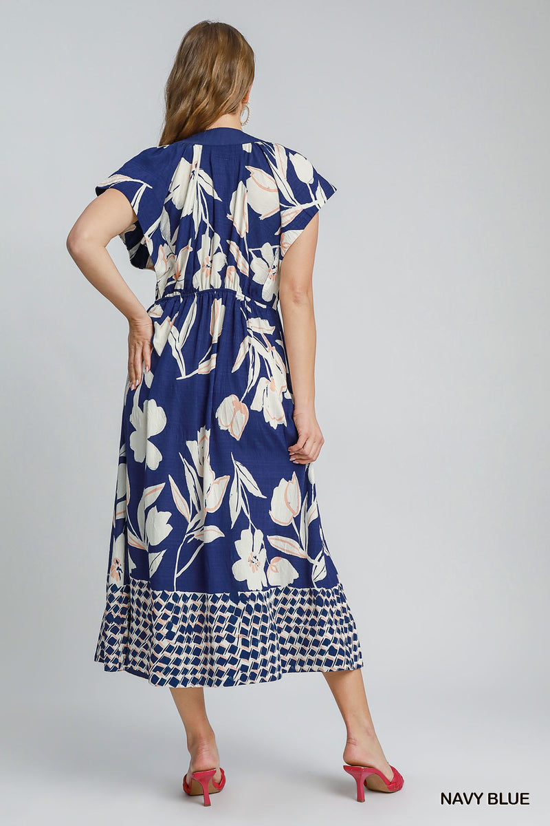 Abstract Floral Print Midi Dress - Navy