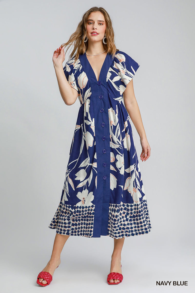 Abstract Floral Print Midi Dress - Navy