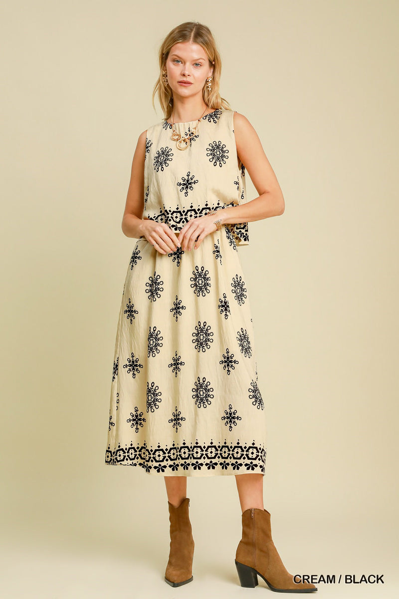 Border Print Double Layered Midi Dress - Cream/Black