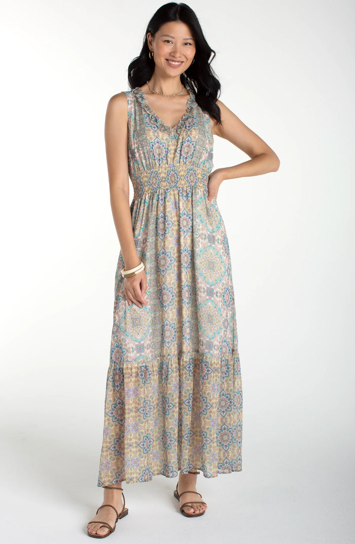 Liverpool Sleeveless Smocked Waist Maxi Dress Citron Multi