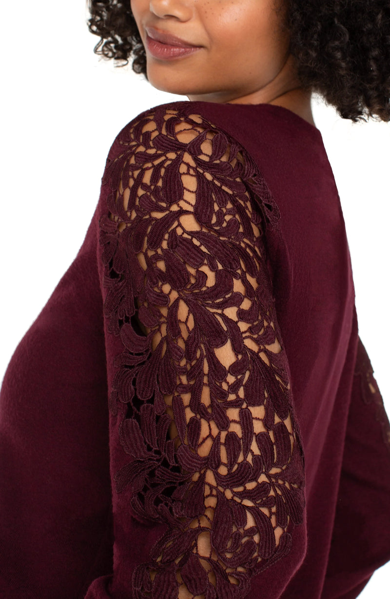 Liverpool Long Sleeve Crew Neck Lace Inset Knit Top - Burgundy