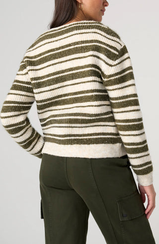 Liverpool Button Front Cardigan Sweater Oatmeal Olive Stripe