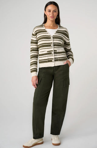 Liverpool Button Front Cardigan Sweater Oatmeal Olive Stripe