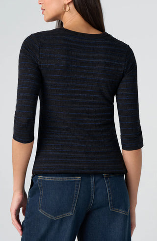 Liverpool 3/4 Sleeve Knit Top W/ Rib Trim Black Cobalt Stripe
