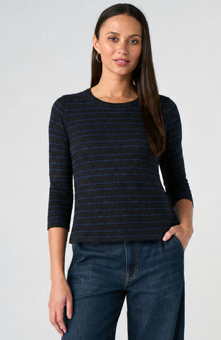 Liverpool 3/4 Sleeve Knit Top W/ Rib Trim Black Cobalt Stripe