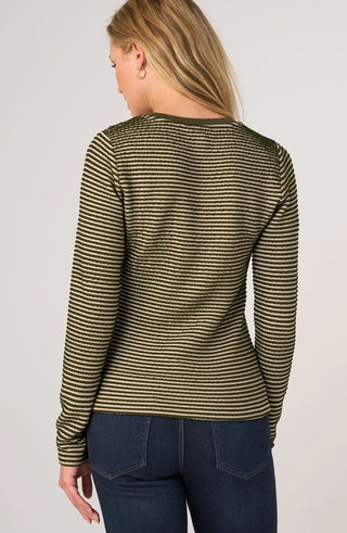 Liverpool Long Sleeve Knit Henley Top W/ Sweater Trim Olive Cream Stripe