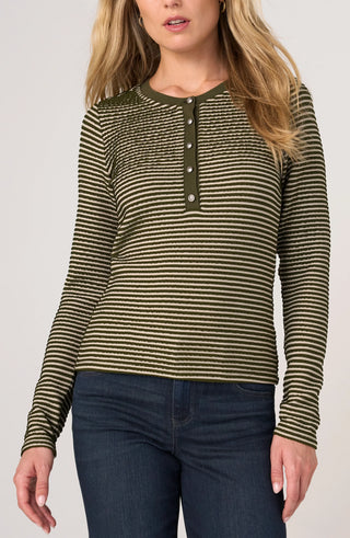 Liverpool Long Sleeve Knit Henley Top W/ Sweater Trim Olive Cream Stripe
