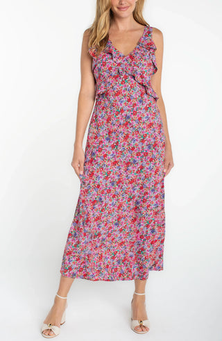 Liverpool Sleeveless Ruffle Front Woven Maxi Dress - Pink Multi