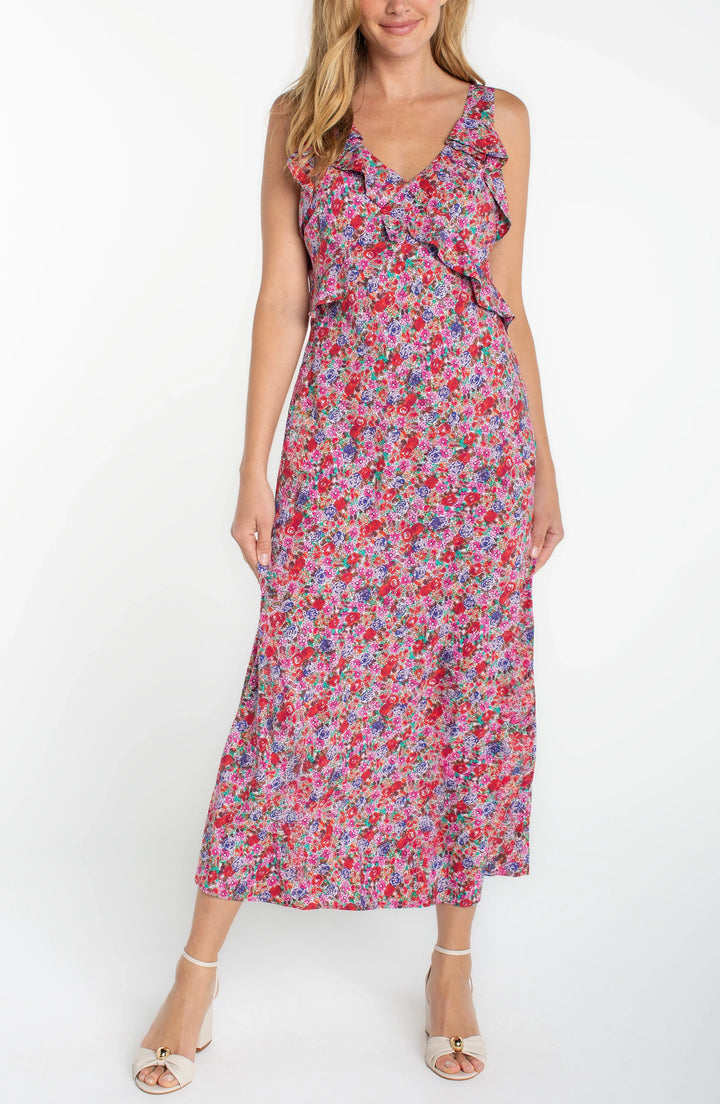 Liverpool Sleeveless Ruffle Front Woven Maxi Dress - Pink Multi
