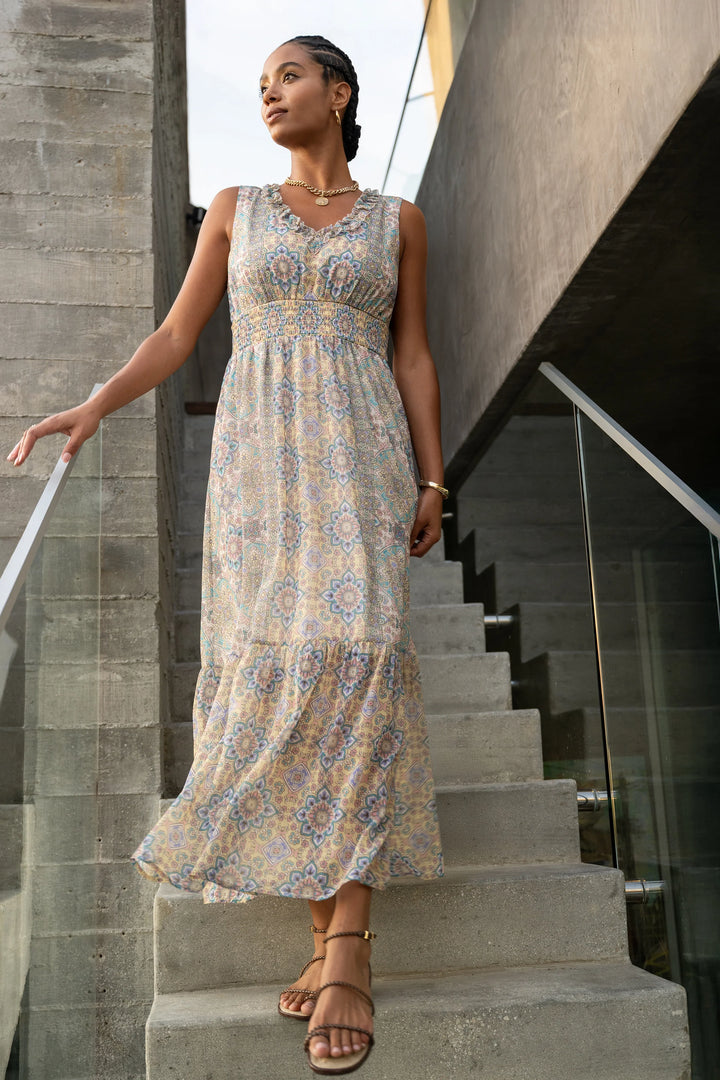 Liverpool Sleeveless Smocked Waist Maxi Dress Citron Multi