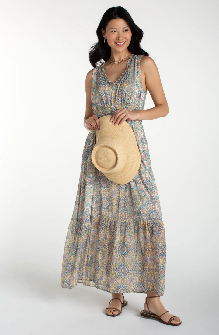 Liverpool Sleeveless Smocked Waist Maxi Dress Citron Multi
