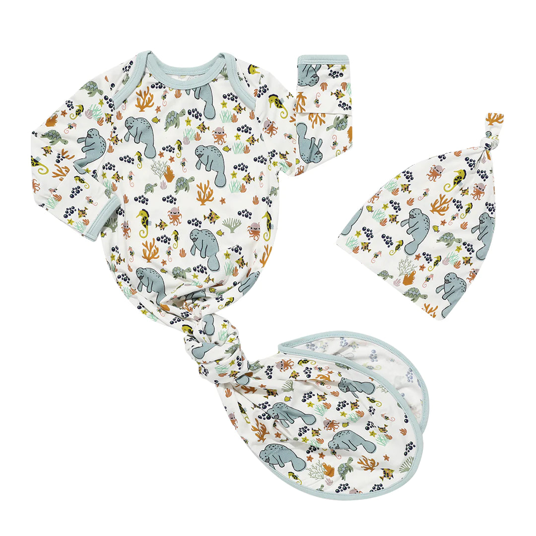 Emerson &amp; Friends Manatee Bamboo Swaddle Knotted Gown and Hat Newborn Baby Gift Set G-201