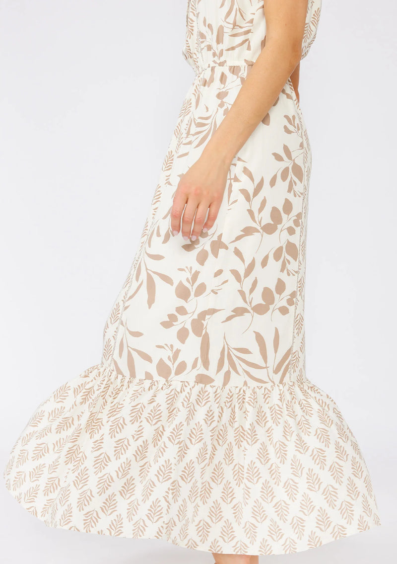 Neutral Leaf Print Sleeveless Maxi Dress
