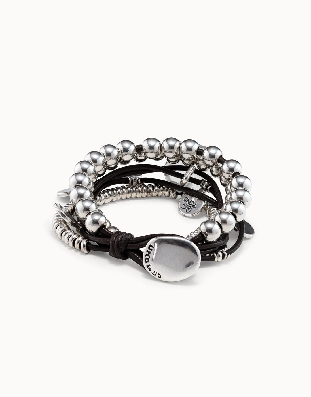UNOde50 Leather beaded bracelet with charms - Sterling SIlver